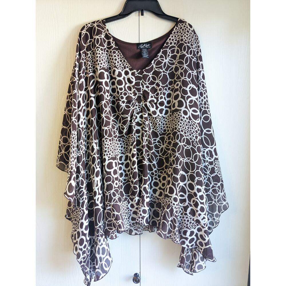 Russell Kemp New York Women's V-neck Printed Brown White Sleeved Blouse Size 2X